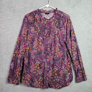 Talbots Women's Sz XL Floral Ruffle Neck Button Front Blouse Purple Long Sleeve